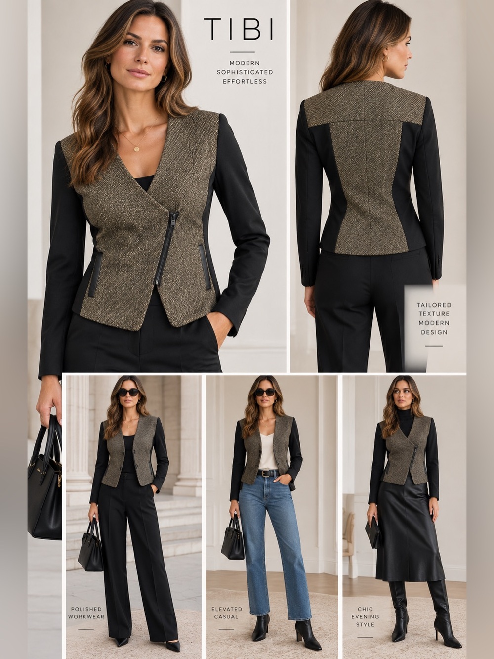 Tibi Tweed Asymmetrical Zip Jacket Blazer Black Olive Brown Modern Chic - Size 6